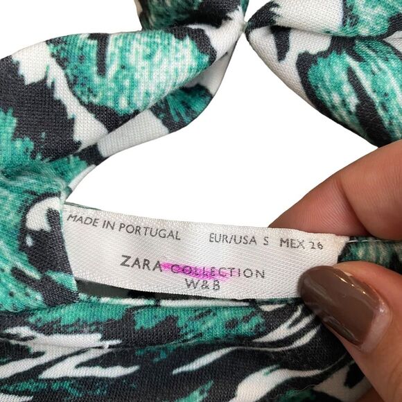 Zara Collection Size S Cutout Halter Strappy Mini Dress Green Black Tropical - Picture 3 of 9